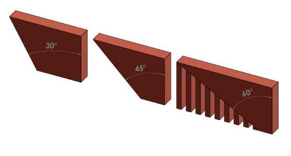 Three pieces with varying overhang angles, showing dimensions and required support levels based on their inclination.